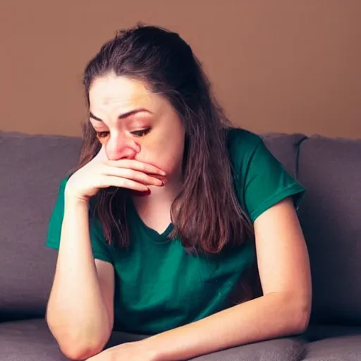 Prompt: a sad woman with brown hair in a green t - shirt wearing blue denim shorts sitting on a brown sofa. she has given up on her fantasy football team