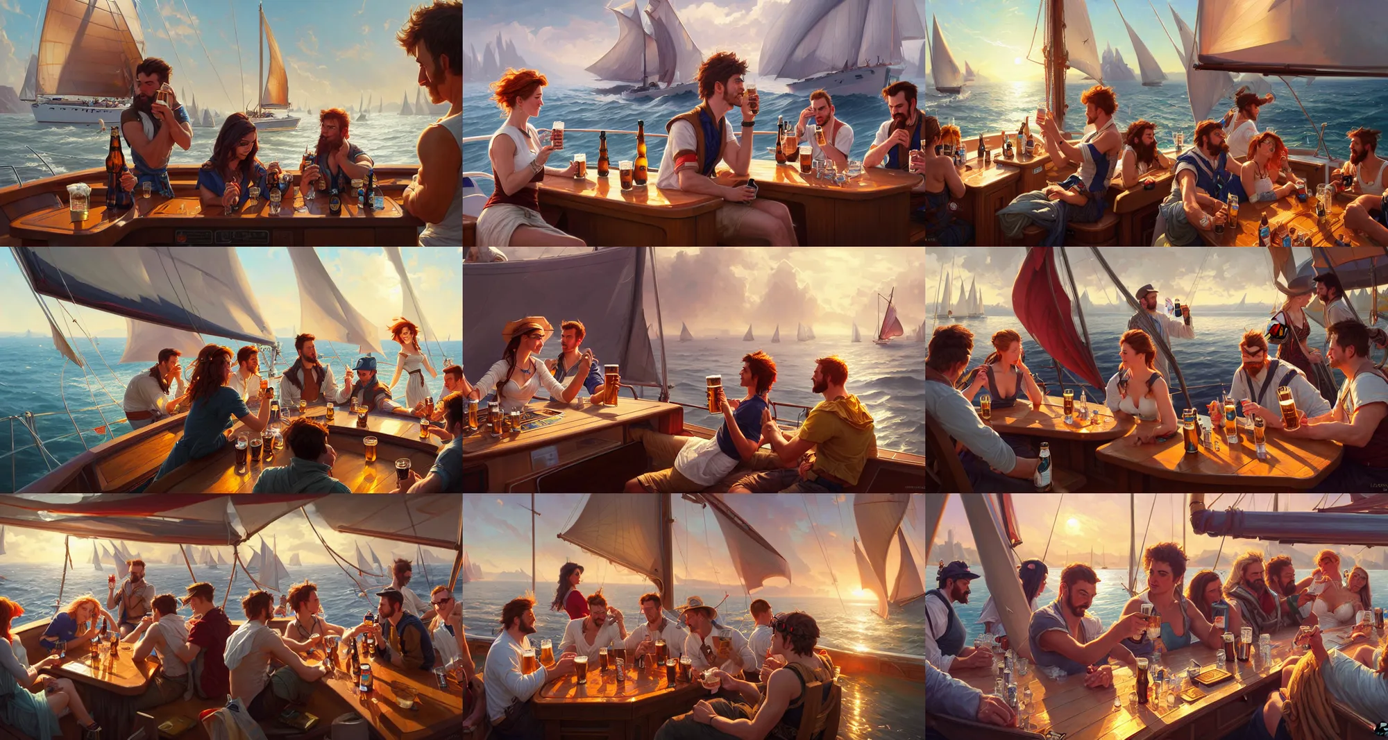 Prompt: people drinking beer on a sailboat, highly detailed, digital painting, artstation, concept art, matte, sharp focus, illustration, hearthstone, art by artgerm and greg rutkowski and alphonse mucha