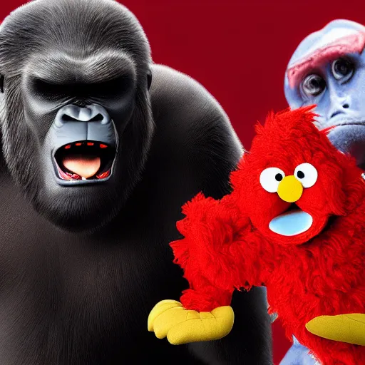 Prompt: 3 headed elmo fights king kong