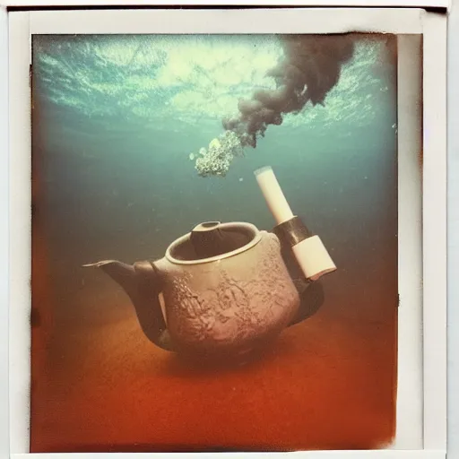 Image similar to huge teapots, cloth and smoke underwater polaroid