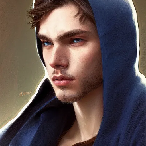 Image similar to ultra realistic illustration, a young man in a white hood, with brown hair, with blue eyes, intricate, elegant, highly detailed, digital painting, artstation, concept art, smooth, sharp focus, illustration, art by artgerm and greg rutkowski and alphonse mucha