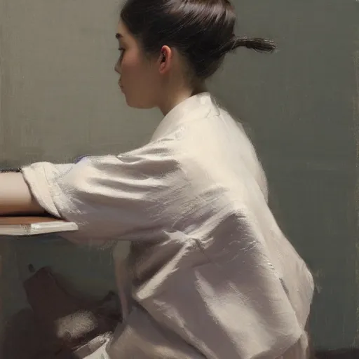 Image similar to girl with pony tail, in kimono, backview, sitting on edge of bed, by jeremy lipking, tim rees, joseph todorovitch, 8 k, sharp, detailed, high quality