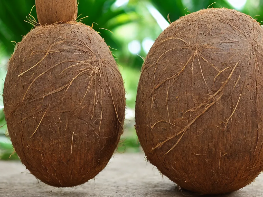 Prompt: a coconut with a palm tree growing inside of it,