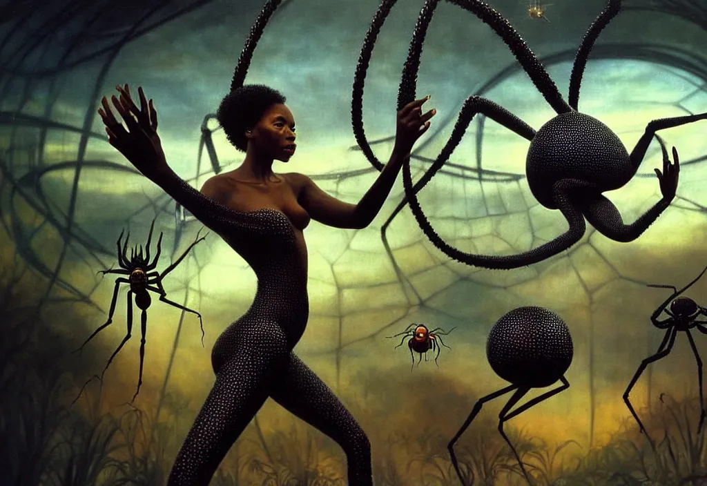 Image similar to realistic detailed portrait movie shot of a beautiful black woman dancing with a giant spider, futuristic sci fi landscape background by denis villeneuve, jean deville, yves tanguy, ernst haeckel, alphonse mucha, max ernst, caravaggio, roger dean, sci fi necklace, fashion, masterpiece, rich moody colours