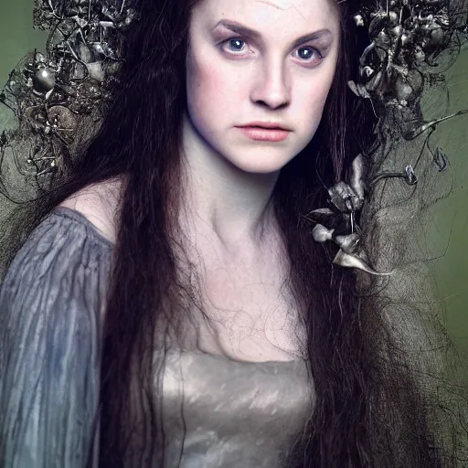 Prompt: a realistic portrait closeup 5 0 mm studio photograph by annie leibowitz of young and attractive morgan le fay, a powerful and ambiguous enchantress of legend.