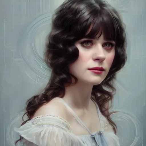 Image similar to ultra realistic illustration, zooey deschanel, intricate, elegant, highly detailed, digital painting, artstation, concept art, smooth, sharp focus, illustration, art by artgerm and greg rutkowski and alphonse mucha and wlop