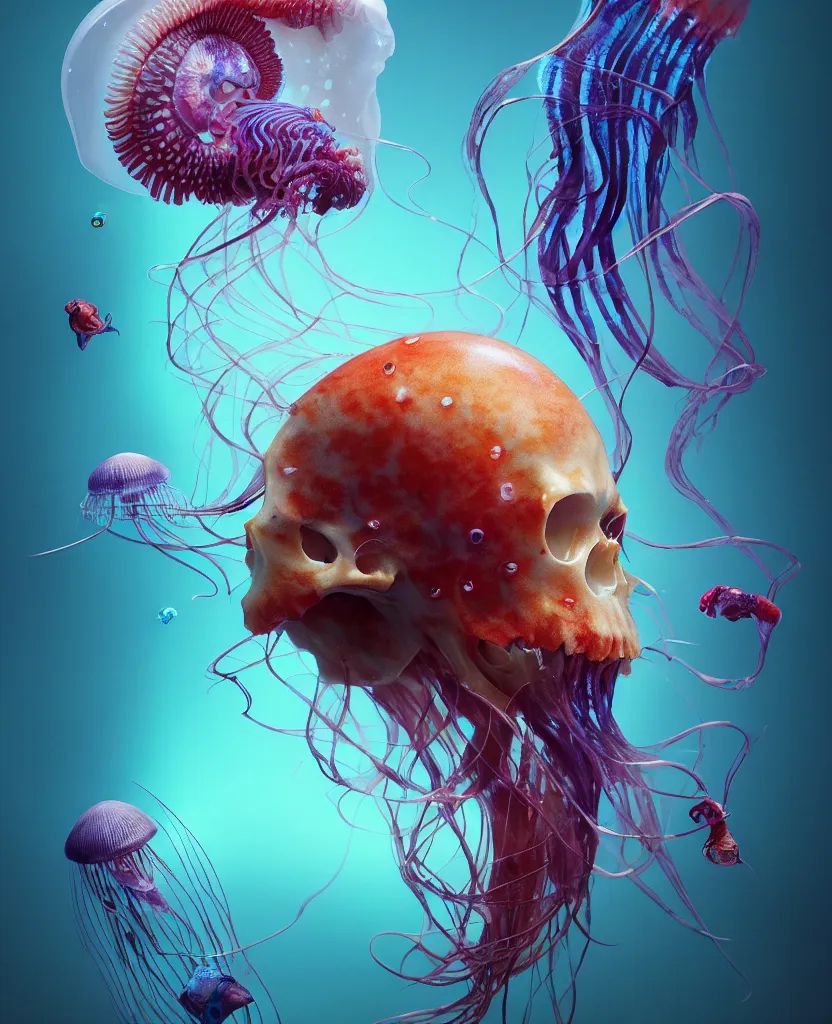 Image similar to human thorax, jellyfish phoenix head, nautilus, orchid, skull, betta fish, bioluminiscent creatures, intricate artwork by Tooth Wu and wlop and beeple. octane render, trending on artstation, greg rutkowski very coherent symmetrical artwork. cinematic, hyper realism, high detail, octane render, 8k