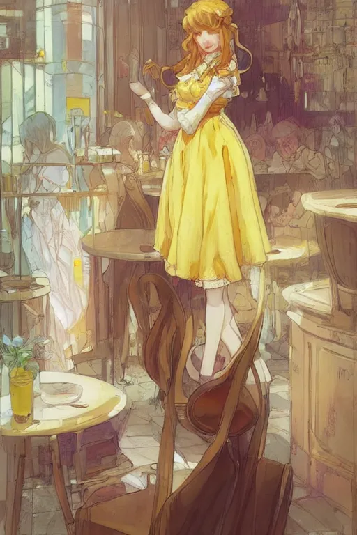 Image similar to A girl in a maid's outfit in a cafe a afternoon, wavy hair yellow theme,S line,45 angel by krenz cushart and mucha and slop and greg rutkowski