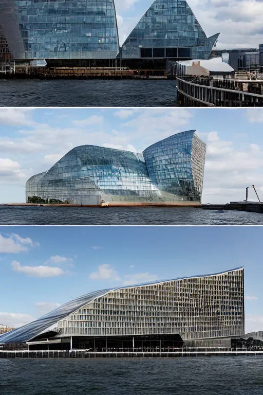 Prompt: a incredible cutting edge new building on the London waterfront designed by bjarke ingels, photo by Annie Leibovitz