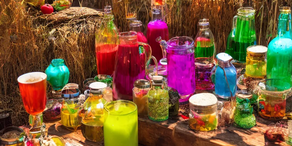 Image similar to colorful potions at the harvest festival, hyper realistic, 8 k, insane details,