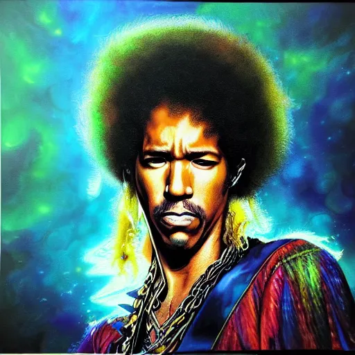 Image similar to uhd photorealistic portrait of ryan reynolds as jimi hendrix, by amano, ayami kojima, greg rutkowski, lisa frank, mark brooks, and karol bak, masterpiece, cinematic composition, dramatic pose, studio lighting, correct face, hyperdetailed, intricate details