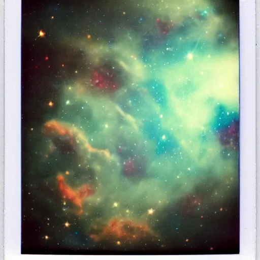 Image similar to vintage polaroid of our galaxy in deep space, detailed clouds, nebula, planets, galaxies, warm azure tones, red color bleed, film grain