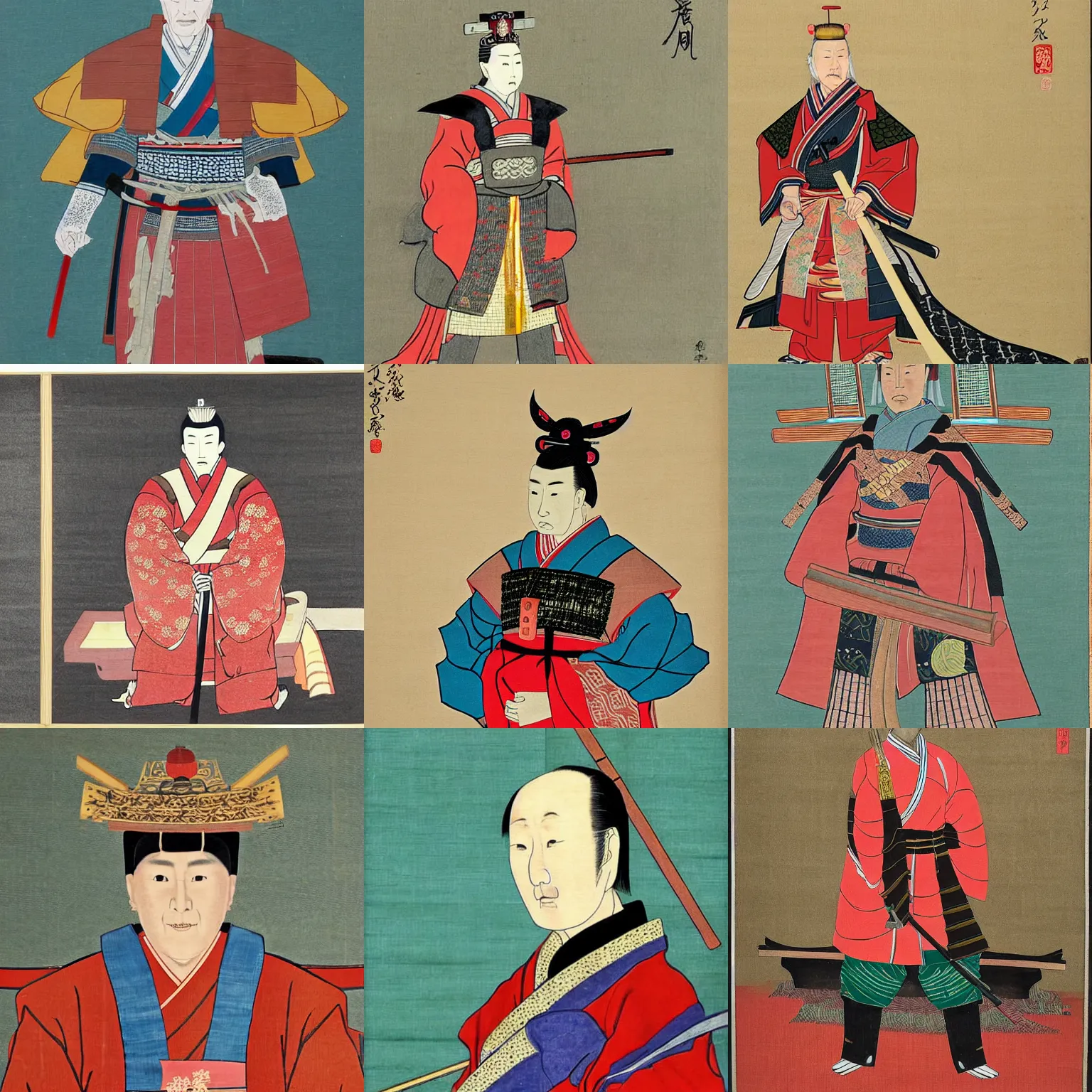 Prompt: Japanese wood painting of king Harald V of Norway dressed as a samurai,