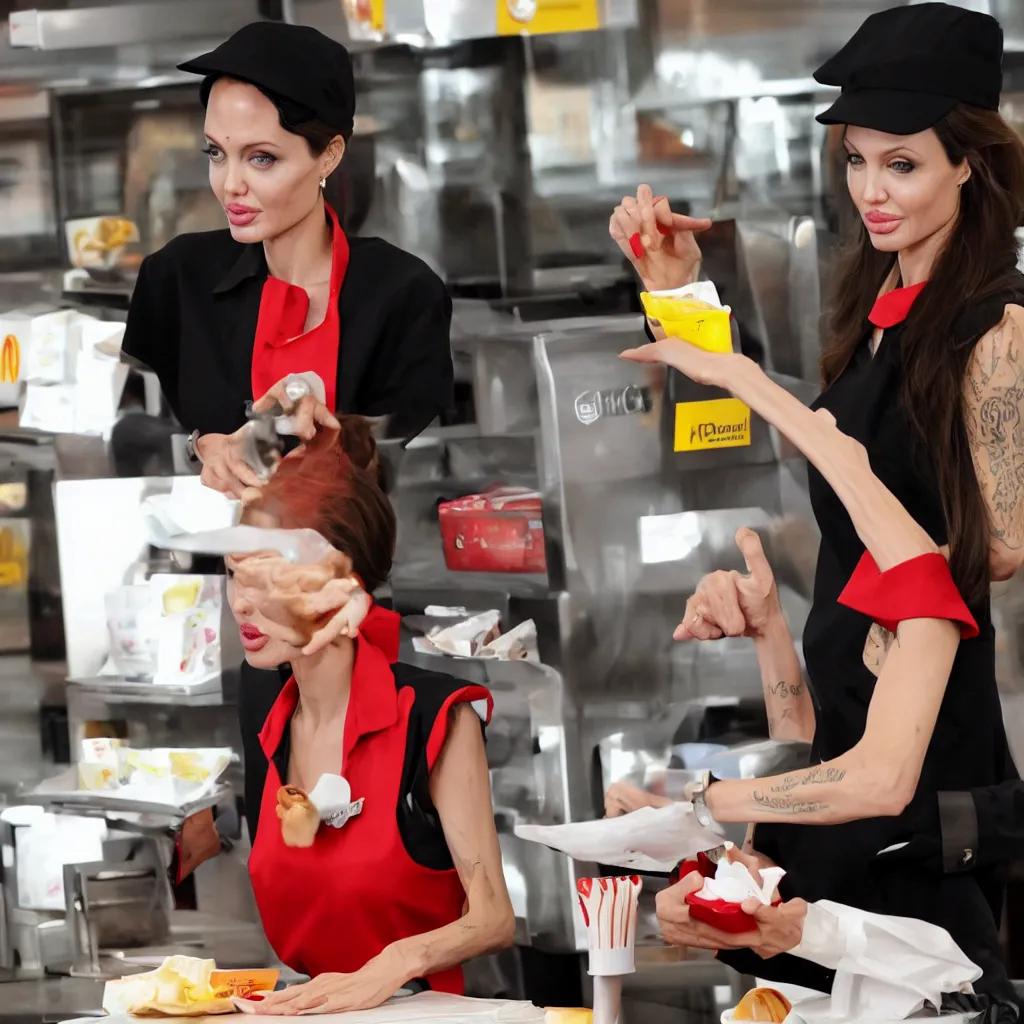 Prompt: Angelina Jolie working as a McDonalds cashier, macro, dramatic, HD