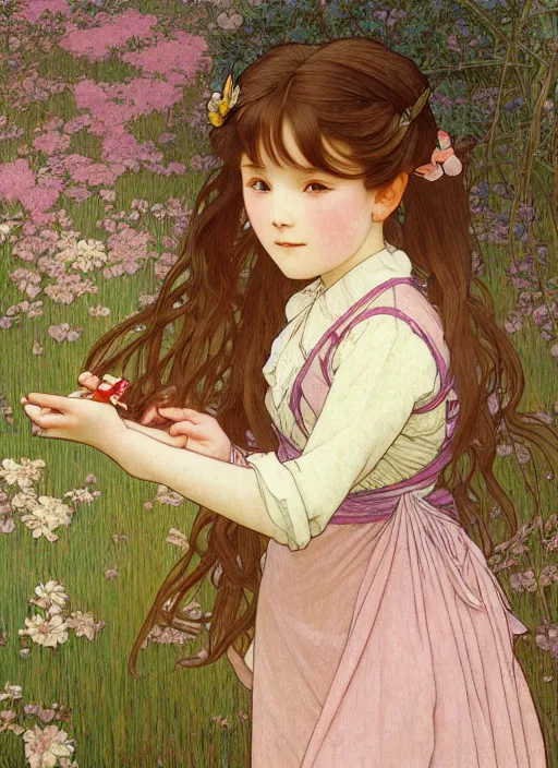 Image similar to young girl with long hair, wearing a dress, playing with her doll on the wooden floor in an old wooden house, path traced, highly detailed, high quality, digital painting, by studio ghibli and alphonse mucha, leesha hannigan, hidari, art nouveau, chiho aoshima, jules bastien - lepage