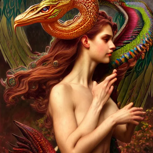 Image similar to a quetzalcoatl, diffuse lighting, fantasy, intricate, elegant, highly detailed, lifelike, photorealistic, digital painting, artstation, illustration, concept art, smooth, sharp focus, art by john collier and albert aublet and krenz cushart and artem demura and alphonse mucha