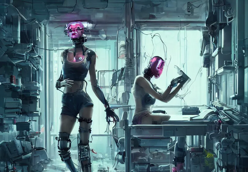 Prompt: cyberpunk girl replacing her leg in a laboratory, epic, artwork by Inceoglu, Ismail