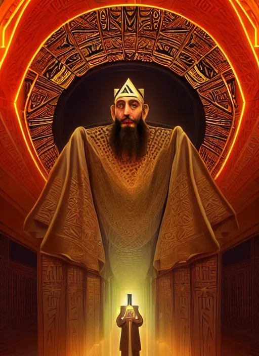 Prompt: symmetry!! portrait of ancient pharaoh as a jewish rabbi wearing traditional attire, sci - fi, tech wear, glowing lights!! intricate, elegant, highly detailed, digital painting, artstation, concept art, smooth, sharp focus, illustration, art by artgerm and greg rutkowski and alphonse mucha