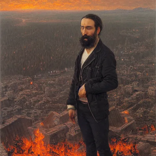 Image similar to a man with black hair and beard, wearing a black jacket and jeans, looking at a burning village in the distance, highly detailed painting by donato giancola and bayard wu, 8 k, digital art