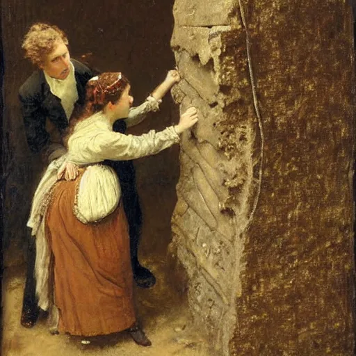 Image similar to young victorian man and woman solving a riddle carved into a stonewall in a dungeon, by alfred stevens