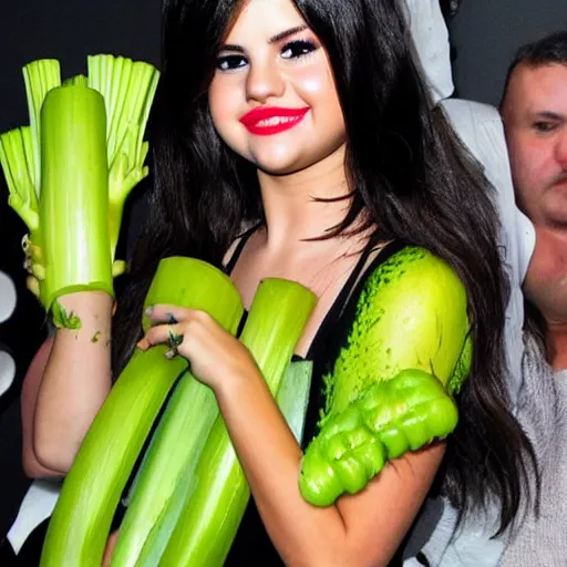 Prompt: selena gomez with celery hands