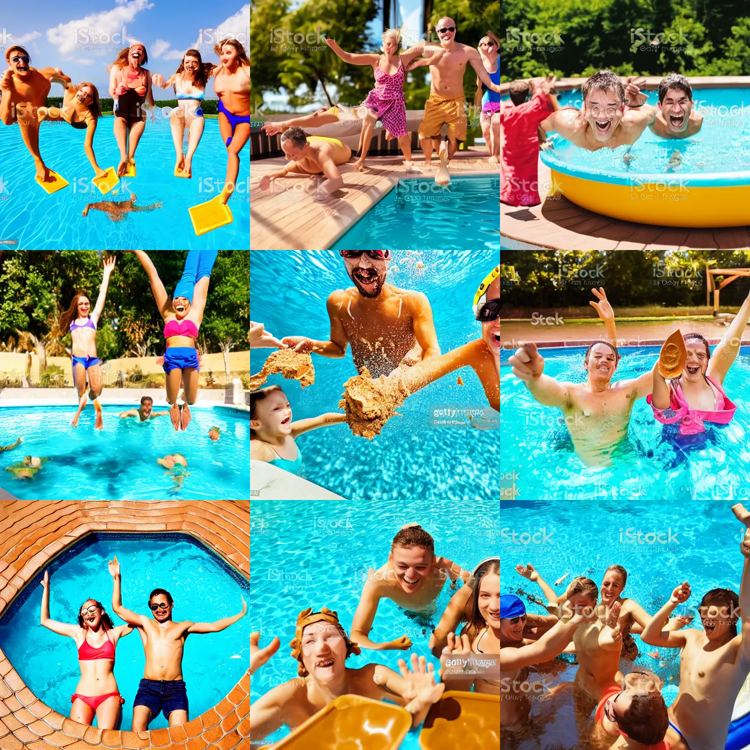 Prompt: happy people diving into a peanut butter filled pool, stock photo
