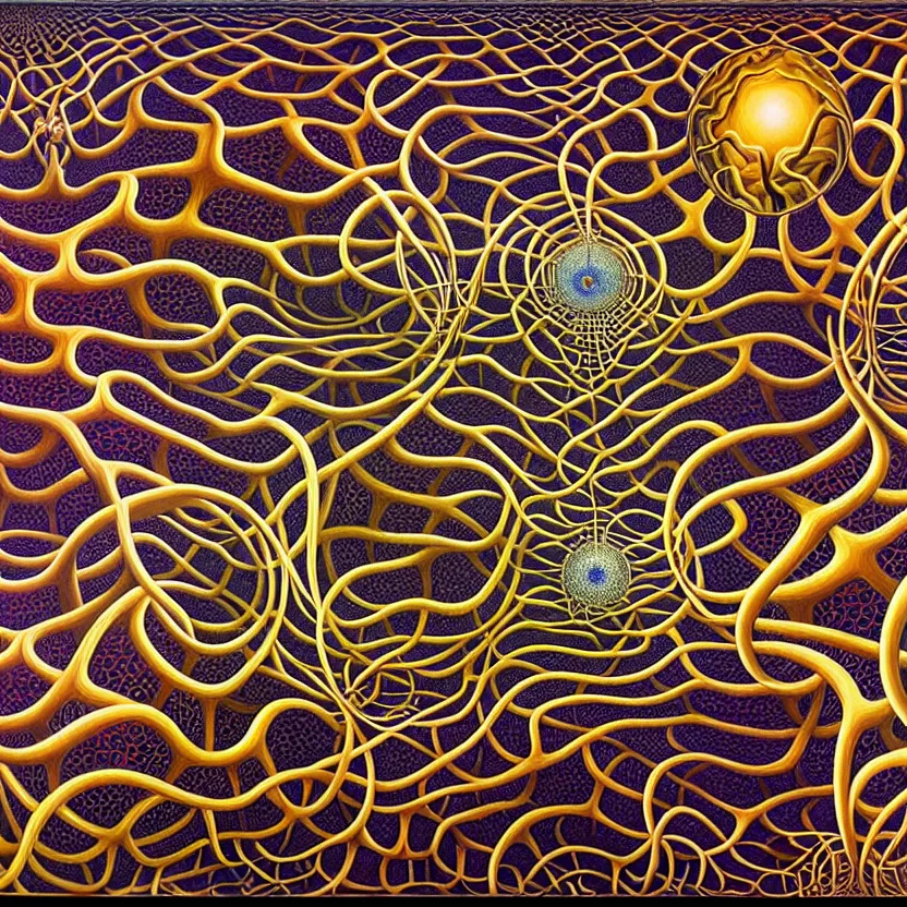Image similar to infinite fractals of neurons, consciousness, recursion, surreal, by salvador dali and mc escher and alex grey, oil on canvas, hd, dreams, intricate details, warm colors