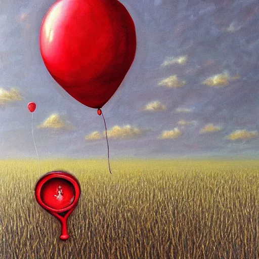 Image similar to grunge painting of cornfield with a red balloon by chris leib, horror theme, detailed, elegant, intricate, conceptual, volumetric light