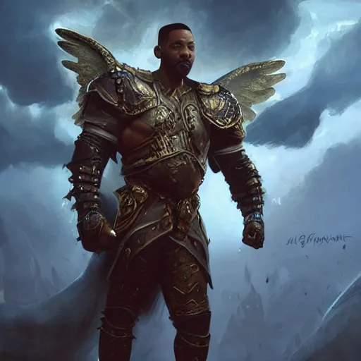 Image similar to will smith fights against demons dressed as a gladiator and with angel wings, cinematic lighting, highly detailed, concept art, art by wlop and artgerm and greg rutkowski, masterpiece, trending on artstation, 8 k