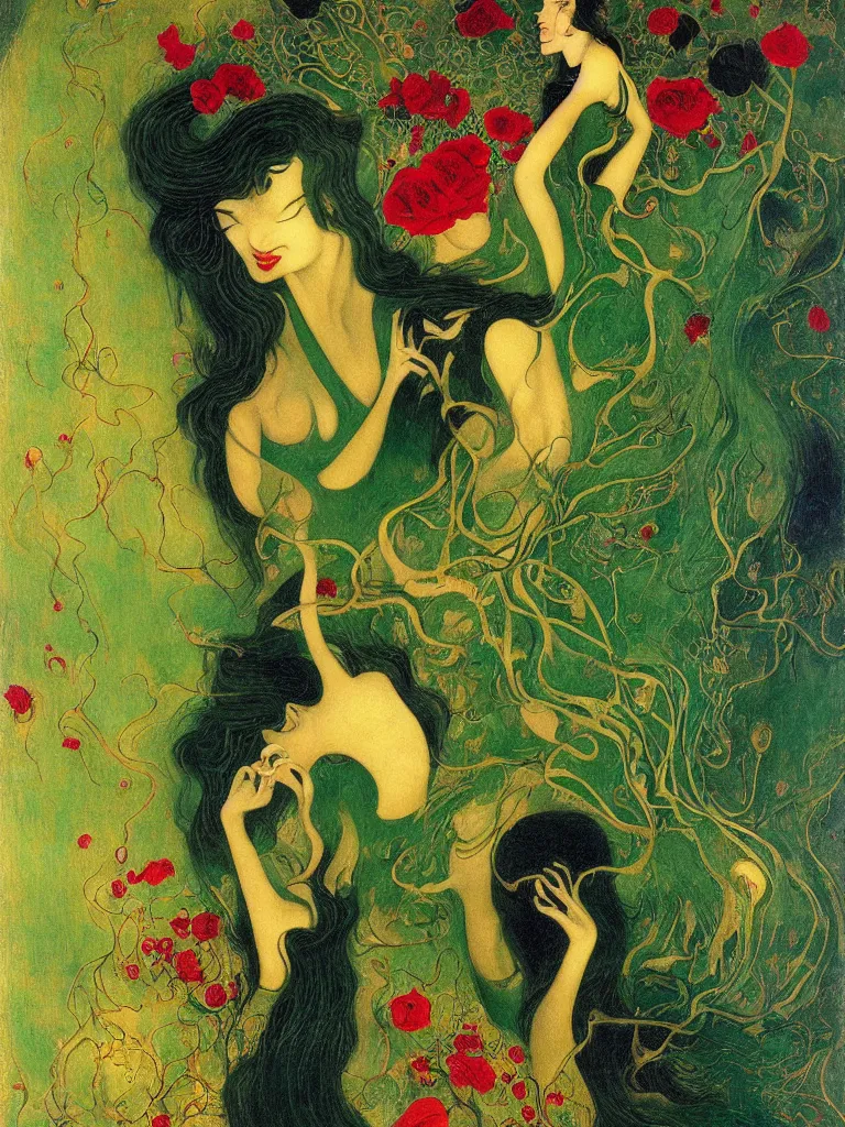 Image similar to !!!dream brunette woman standing in green dress on gold background, with black roses and red lips Anton Pic, Jean Delville, Amano, Yves Tanguy, Ernst Heckel, Edward Robert Hughes, Stanislaw Szukalski and Roger Dean photorealism