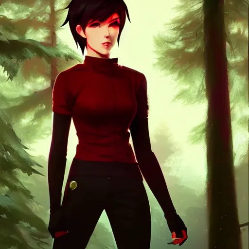 Prompt: realistic render of ruby rose from rwby by ross draws, forest background by ilya kuvshinov, digital anime art by ross tran, composition by sana takeda, lighting by greg rutkowski