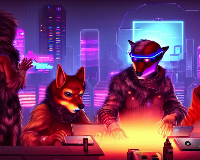 Image similar to high - resolution photograph from a cyberpunk era furry fandom convention ( midwest furfest 2 0 4 7 ), taking place after the genetic revolution and singularity. photorealistic.