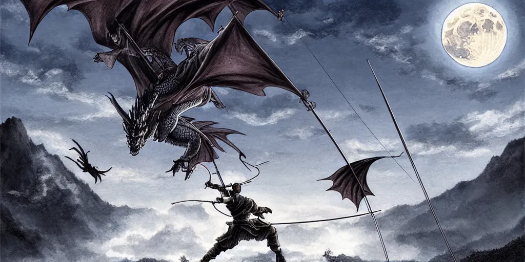 Image similar to korean archer shooting a dragon. the moon is in the sky. there is a river. dark fantasy. high resolution. detailed. digital art. kentaro miura.