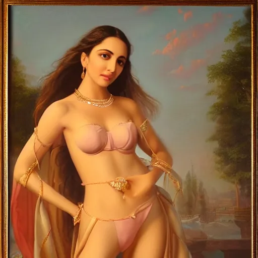 Image similar to Kiara Advani Aphrodite. history painting, dusk, implacable, artstation, oil on canvas, by Albert Aublet, Private Collection