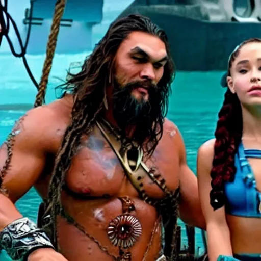 Image similar to A still of Jason Momoa and Ariana Grande and Ariana Greenblatt in the 2023 Waterworld reboot