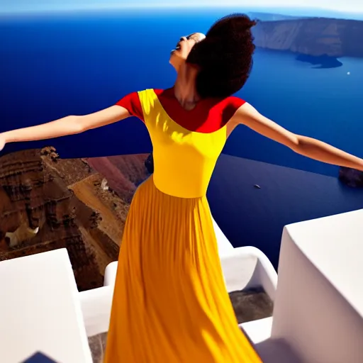 Image similar to beautiful modern dancer wearing a red and yellow and blue swirling dress, standing on a Santorini terrace looking down into the ocean, trending on Artstation, cinematic, octane render