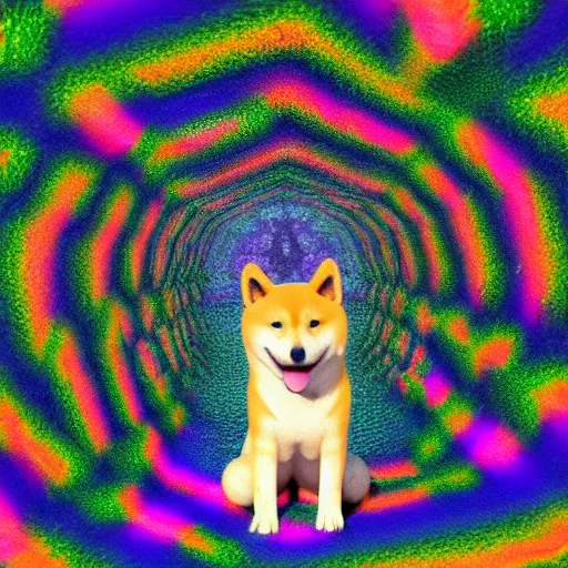 Image similar to two shiba inu in the psychedelic baroque dmt fourth dimensional tunnel, octane 3 d render