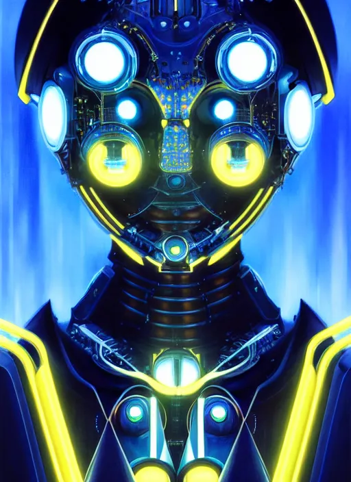 Image similar to symmetry portrait of a robot grinning, sci - fi, tech wear, blue and yellow glowing lights, intricate, elegant, highly detailed, digital painting, artstation, concept art, smooth, sharp focus, illustration, art by artgerm and greg rutkowski and alphonse mucha