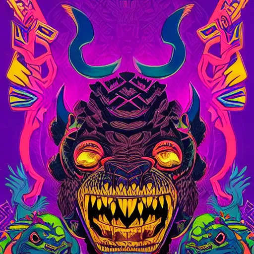 Image similar to barong family member, wiwek, mara demon, one single tribe member, jungle, one single mask, dark, ancient warrior, yellow green gorilla, lizard, tribal, fists visible, background hot pink violet blue, inner glow, art by dan mumford and justin gerard