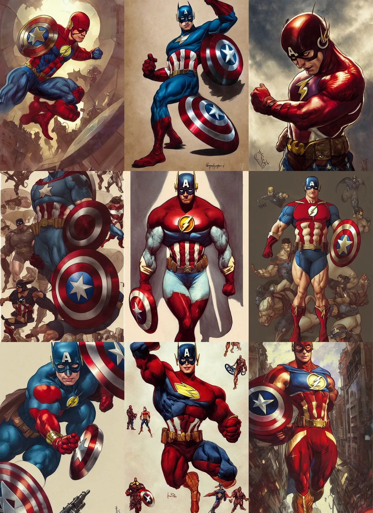 Prompt: a muscled anthropomorphic snail with dressed as captain america, batman, the flash, captain marvel, wonder woman, a superhero. by artgerm, greg rutkowski, alphonse mucha