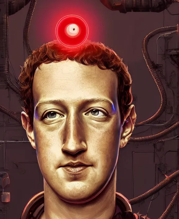 Prompt: Mark Zuckerberg with a glowing red steampunk eye implant by Steohan Martiniere and Moebius, 4k resolution, detailed