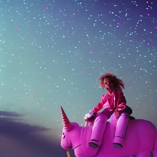 Image similar to lil pump riding a pink unicorn in space, cinestill 8 0 0 t, award winning photograph