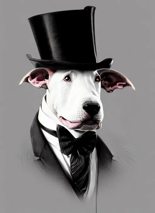 Prompt: portrait of a bull terrier as a gentleman, top hat, intricate, headshot, highly detailed, digital painting, artstation, concept art, sharp focus, cinematic lighting, illustration, art by artgerm and greg rutkowski, alphonse mucha, cgsociety