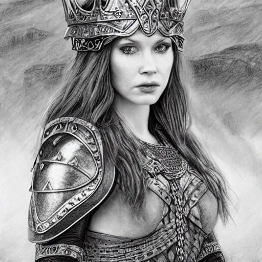 Image similar to hyper realistic pencil drawing of Christina Hendricks as a viking princess, intricate detail, beautiful, battle armor, war, fight, light, dragon, bright color palette