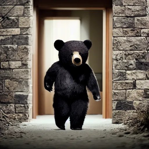 Image similar to dark photograph of a small bear mascot walking through a large wooden doorway