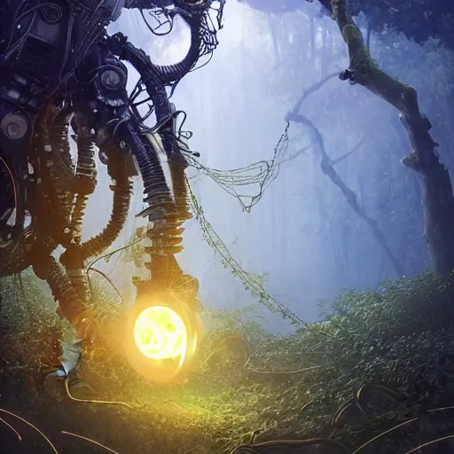 Prompt: large mechanical creature with robotic parts and glowing eyes in ethereal forest with vines hanging from the trees, glowing fireflies scattered, desaturated, mystical, sharp focus, highly detailed, artgerm, cgsociety