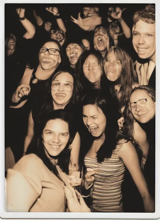 Image similar to photograph of people partying, flash polaroid, golden hour