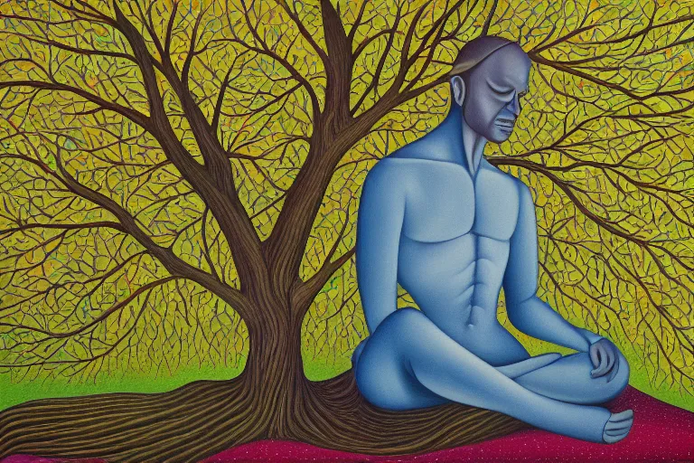 Image similar to painting of a peaceful man meditating under a tree by alex grey, acrylic art, calm, soothing, cosy, elegant, soft light,