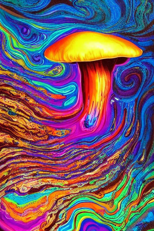 Image similar to fluid dynamics flow art a painting of a mushroom with a colorful swirl, acrylic marbling art by sam spratt, deviantart, psychedelic art, psychedelic, cosmic horror, chromatic