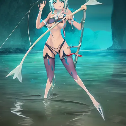 Image similar to an anime woman in an outfit made of water is doing a trick with bow and arrow, concept art by senior character artist, polycount contest winner, process art, concept art, 2d game art, full body, mid shot, artstation hd